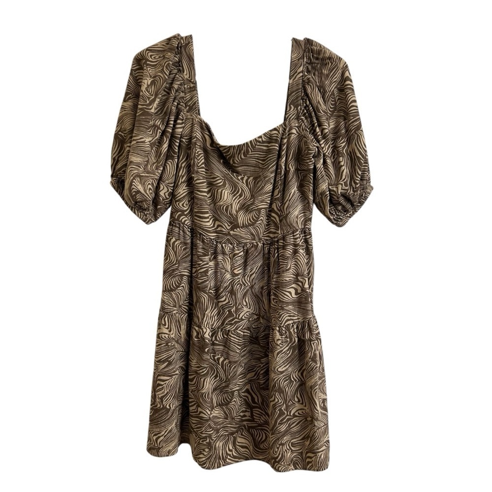 House of Harlow 1960 Linen Puff Sleeve Tiered Smocked Brown Mini Dress Size XS